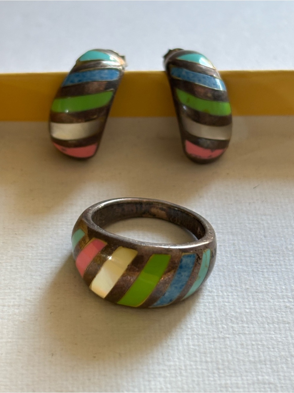 Multicolor stone Inlay ring and earrings 925 silver set